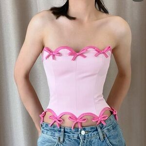 Lirika Matoshi Pink Chibi Corset Top Sz S scalloped with bows lace up back